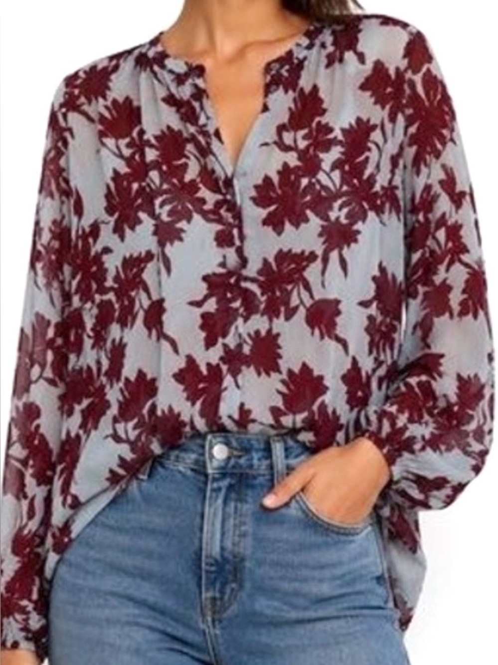NWT A New Day Romantic Floral Boho Chiffon Semi Sheer Blouse Burgundy Blue Sz XL